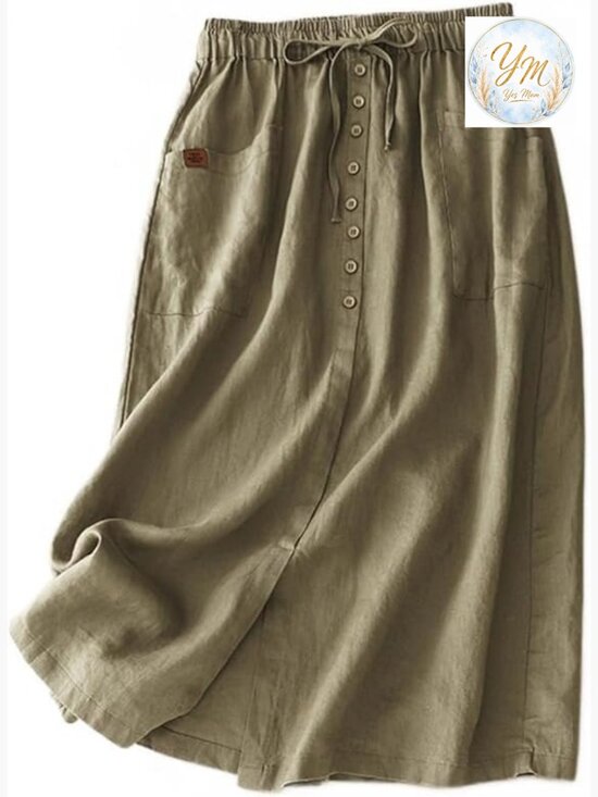 Dresses & Skirts - Cotton Linen A-Line Midi Skirt with Pockets High Elastic Waist Slit
